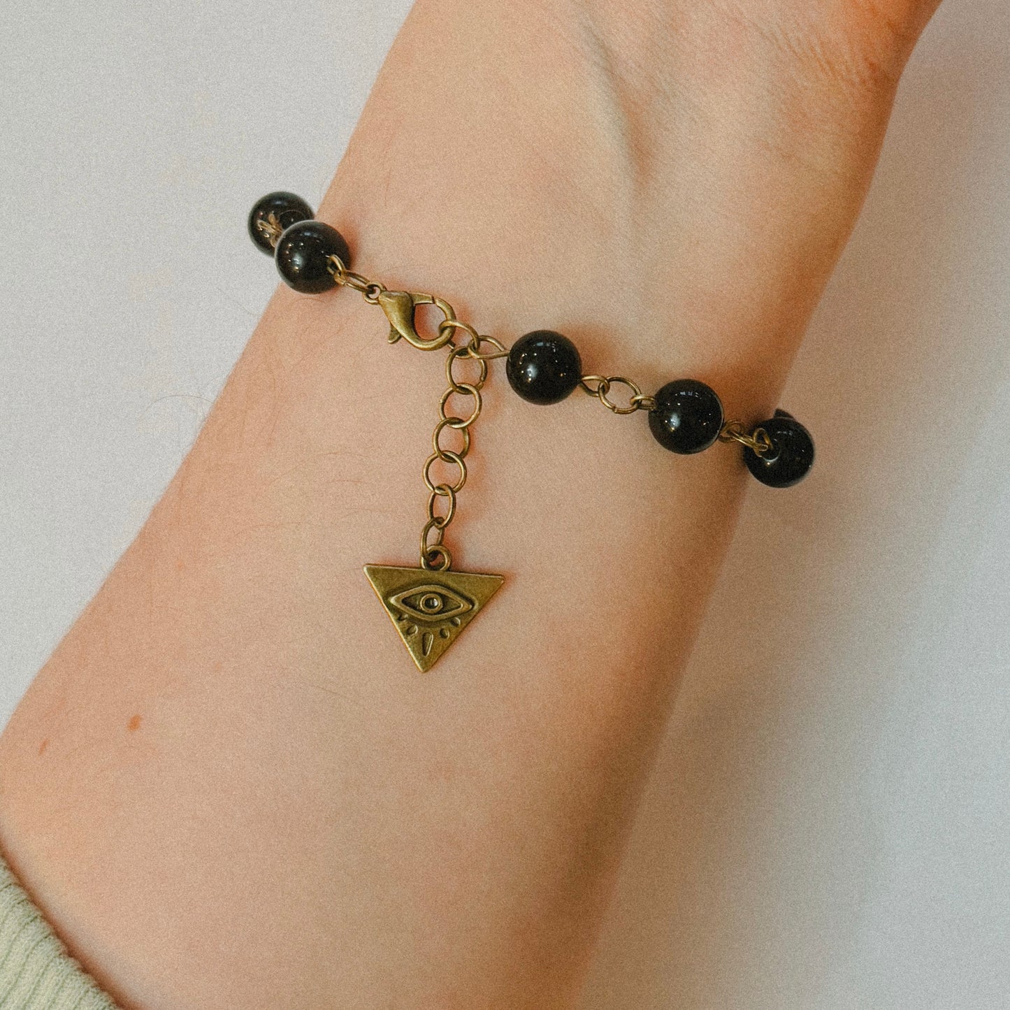 Handmade - Crystal Beaded Charm Bracelet - Black Obsidian