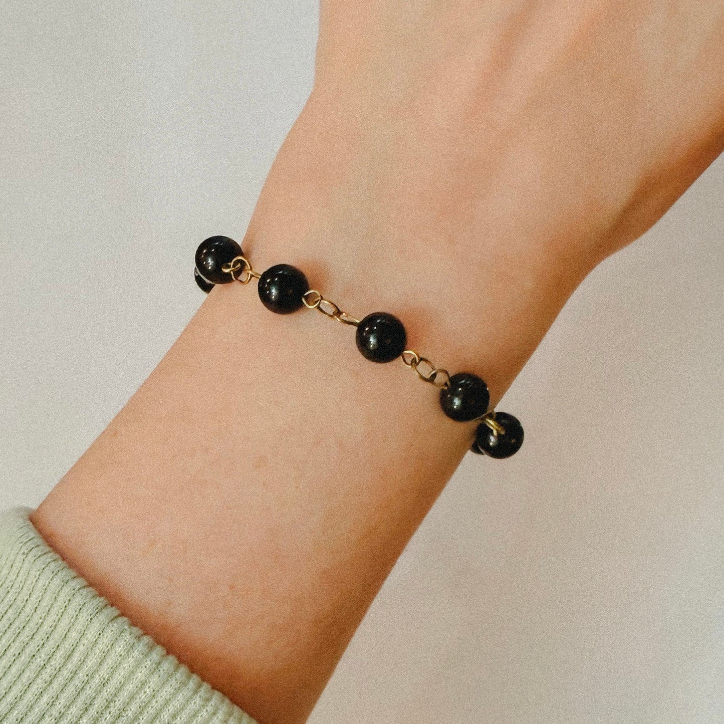 Handmade - Crystal Beaded Charm Bracelet - Black Obsidian