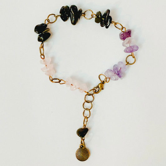 Handmade - Crystal Chip Charm Bracelet - • Rose Quartz • Amethyst • Black Obsidian