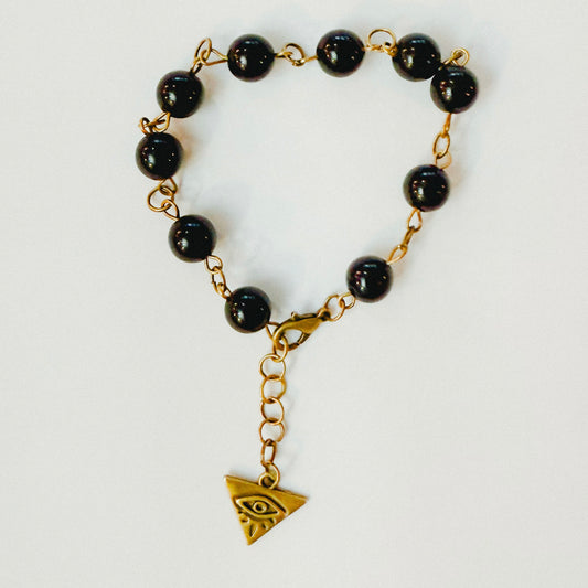 Handmade - Crystal Beaded Charm Bracelet - Black Obsidian